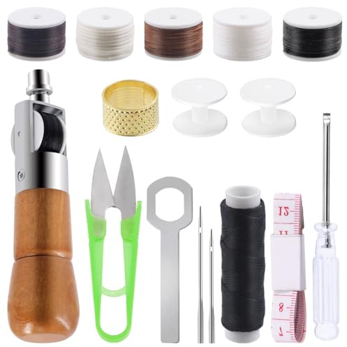 Swpeet Lot de 16 kits de couture pour cuir comprenant la réparation de la couture à la main, du fil ciré, du fil ciré plat, des tournevis, des aiguilles, du mètre ruban, des ciseaux, du dé à coudre,