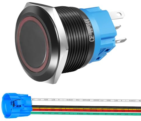 Gebildet Botón pulsador momentáneo de Acero Inoxidable de 22mm 12V-24V LED 1NO1NC SPDT Botón Impermeable de Encendido y Apagado con Enchufe de Cable (LED rojo y Carcasa Negra)