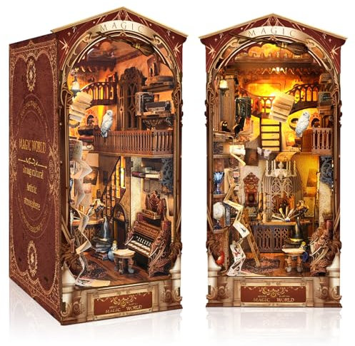 Quanquer Kit de Coin de Livre à Faire soi-même, Puzzle 3D avec Meubles et LED, kit de Maison Miniature, bibliothèque, décoration de Maison de poupée en Bois, Cadeau créatif pour Anniversaire, Noël, S