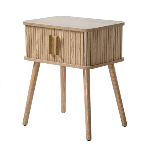 Calicosy- Table De Chevet Vintage 2 Portes Coulissantes - Décor Chêne - Façade Rainurée - Panneaux De Particules - Poignées Et Pieds Bois Véritable - pour Chambre - L 48 x P 35 x H 58,5 cm