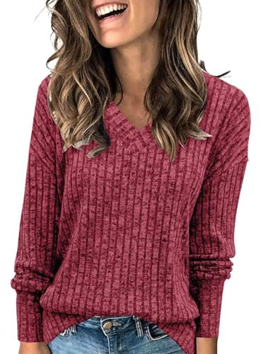 ABYOVRT Pulls Femme col en V Décontractés Léger Sweat à Manches Longues Pullover Sweatshirts Tops Mode,Rose,M
