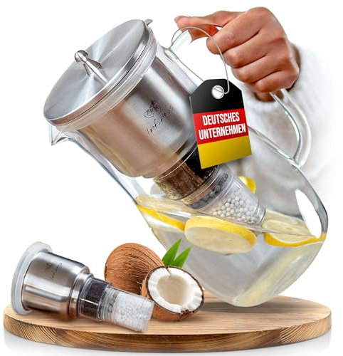 INFINTOS Glas Wasserfilterkaraffe mit Wasserfilter Aktivkohlefilter, Legionellenfilter, Kalkfilter, Trinkwasser für Küche, Wasser filtern und genießen