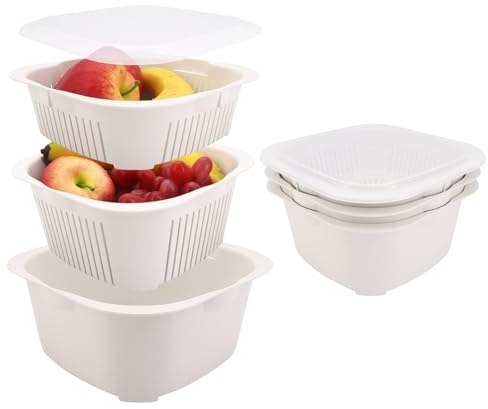 MoYouno 3 Pack Vegetable Washing Basket, 3-Tier Drain Colander Bowl Set with Lid, Portable Food Strainer,Dishwasher & Microwave Safe,Drain Bowls for Washing and Draining Fruit, Vegetables (White)