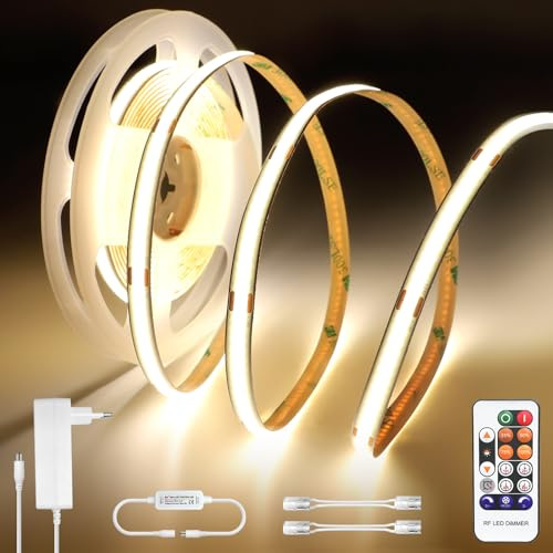 Öuesen COB LED Streifen 5M Neutralweiß, Led Strip mit Fernbedienung 24V 4000K, Lichtband Led Selbstklebend mit Netzteil, Led Stripes Wasserdicht Led Band Dimmbar CRI 90+ für Schlafzimmer Küche Schrank
