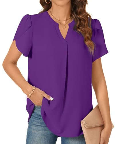 TAOHUADAO Women's Tops Summer Casual Blouse V Neck Petal Short Sleeve T-Shirts Dressy Chiffon Tunic for Leggings, Purple L