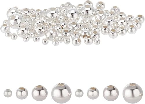 DELORIGIN 95 Stück 925 Sterling Silber Perlen 4 Größen Glatte Runde Perlen Nahtlose Kugel Abstandshalter Lose Runde Perlen Für DIY Halsketten Armbänder Ringe Ohrringe Bastelzubehör 2/3/4/5mm