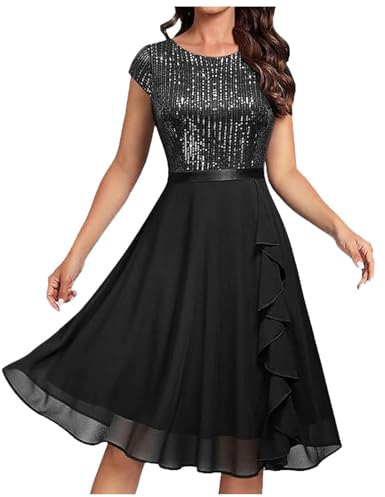 Chiffonkleid Damen Große Größen Damen Kurzarm Braut Fre Kleid für Hochzeit Spitze Chiffon mittellang Formales Abendkleid Kleider Festlich Langes Arm A Linie Atmungsaktives Leichtes (Black, XL)
