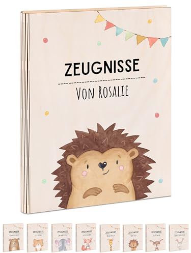 wunderwunsch® - Personalisierte Zeugnismappe aus Holz mit hochwertigem Spezial-Druck - Einschulung Geschenk - Zeugnismappe Jungen & Zeugnismappe Mädchen (Igel Girlande)