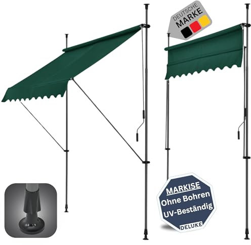 DELUKE® Klemmmarkise 250cm breit - mit Handkurbel | Balkonmarkise ohne Bohren, Sonnenschutz UV-beständig, Sonnenmarkise höhenverstellbar, Markise mit Gestell | 250x120x200-300cm Grün