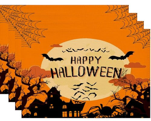 Halloween Platzsets 4er Set,Orange platzsets rutschfest Abwaschbar Tischsets,Abgrifffeste Hitzebeständig Platzdeckchen,Schmutzabweisend und Waschbare Halloween deko Set