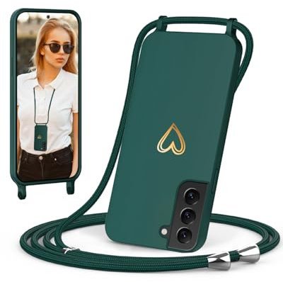 ScandiCasis Handykette für Samsung S21 mit Band, Handyhülle mit Schnur zum Umhängen, Weiche TPU Silikonhülle mit Band [Verstellbar] [Abnehmbar], Love Design Halskettenhülle, Grün