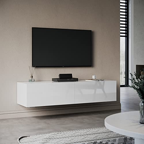 ZANOFIRA Floating TV Stand Cabinet 1400x300x400mm White Gloss Wall Mounted TV Shelf Entertainment Center for Living Room, Floor-standing Available
