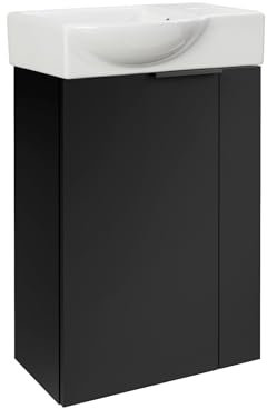 FACKELMANN B.Paris Gäste WC Waschtisch Set SBC – 45cm, Schwarz matt, Keramik Waschbecken Weiß, Hahnloch rechts, Türanschlag Links – Perfekt für stilvolle kleine Badezimmer