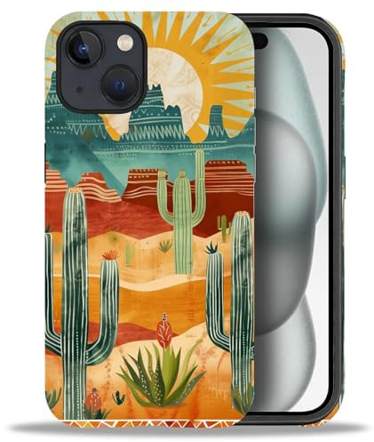 Bvkilrvc Compatible with iPhone 15 Case, Desert Cactus Boho Pattern Print Phone Case Funny Liquid Silicone Case Impact Resistant Anti-Scratch Shockproof Protective Cover