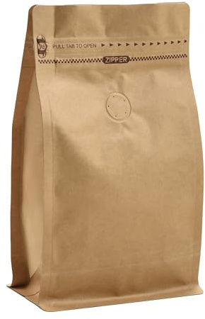Allpack Reusable Brown Kraft Paper Coffee Bags with Degassing Valve, Flat Bottom Stand Up Pouch with Zipper Lock (Pack of 50, 8oz/250g)