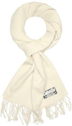 BRUBAKER Cashmirillo Schal - ca. 30 x 180 cm Lang Leicht Warm und Kuschelig - Herbst und Winter Kuschelschal - Stola Tuch mit Fransen für Damen und Herren - Ecru