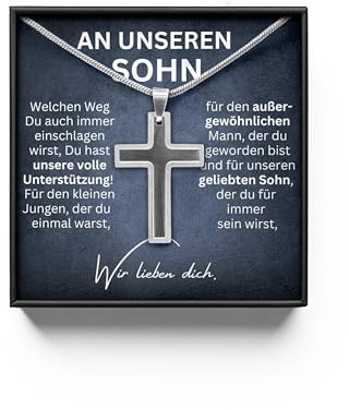 BYLITZ An meinen/unseren Sohn Kreuz Kette mit personalisierter Nachricht Halskette an meinen Sohn zum Geburtstag, Weihnachten