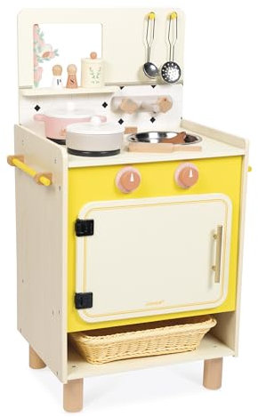 Janod - Kinderküche aus Holz - Ausgestattet mit Backofen, Spüle und 11 Zubehörteilen - Sonore Drehknöpfe - Spielzeug zum Nachahmen und Erleben - Ab 2 Jahre, J06641