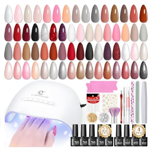 PEACECOLOR 44PCS UV Nagellack Set mit UV/LED Nagellampe, 22 Farben Gel Nagellack Set+4 Base Top Coat mit Matte und Glitzer, Rot Rosa Nude Nägel Maniküre Starter Set