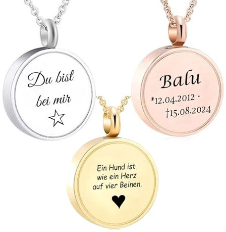 aplusashop Asche Medallion rund + Kette, Hund/Katze mit Gravur nach Wunsch Urne 3 Farben (Ohne Gravur, Rose-gold)