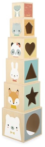 Janod - Meine erste Holzpyramide - Lernspielzeug - 6 Würfel zum Stapeln - Spielzeug zum Stapeln und Einbauen - Fördert die Fingerfertigkeit und Vorstellungskraft - Erstes Lebensalter - Ab 12 Monate