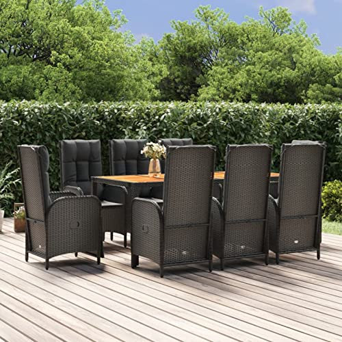 IKAYAA Rattan Essgruppe 8 Personen Gartenmöbel Essgruppe mit Verstellbare Hochlehner Stühlen Garten Sitzgruppe Schwarz Rattan Gartenmöbel Set mit Auflagen Sitzgarnitur mit 190 cm Tisch