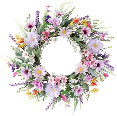 Türkranz Frühling, 45cm Frühlingskranz Haustür mit Blumen, Osterkranz Haustür Frühlingsdeko Zum Aufhängen, Bunte Frühlingskranz Türkranz für Haustür Außen,Blumenkranz für Wand Tür Fenster (K)