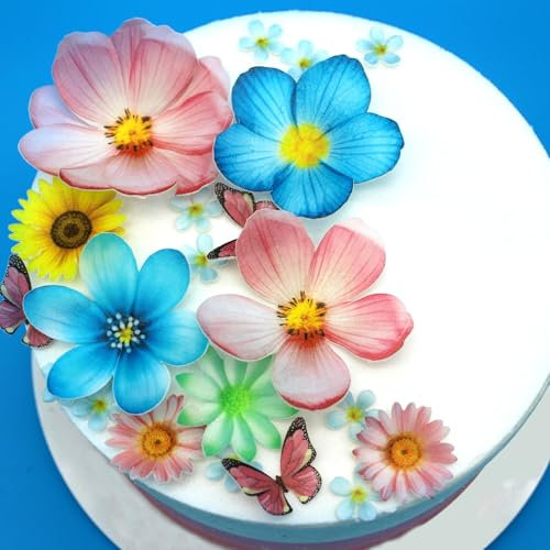 Set of 55 Edible Flowers & Butterflies Cupcake Toppers Wedding Cake Party Food Decoration Mixed Size & Colour for Anniversary