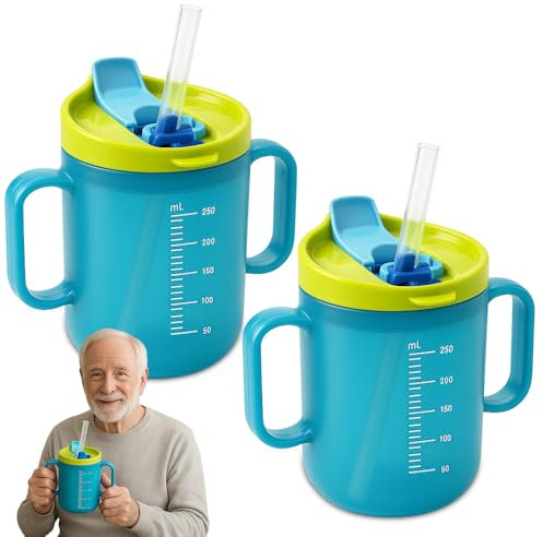 HOVCEH 2 PCS Elderly Spill Proof Cups, 280 ml Unspillable Cup with 2 Handles, Elderly Drinking Cup, Feeding Cup Drinking Cup with Lid and Straw, Adult Sippy Cups for The Elderly Non Spill (Blue)