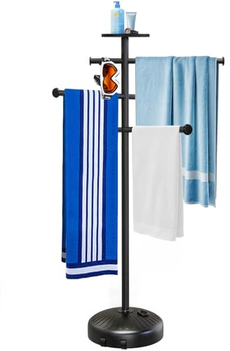 Pool Towel Rack with Wheels for Indoor Outdoor Use, 63 Inch Towel Holder with Storage Tray, 6 Adjustable Bars Hot Tub Accessories, Free Standing Towel Rack for Pool, Spa, Hot Tub