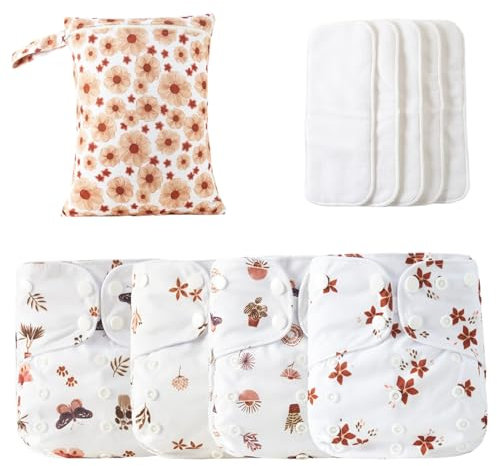 Wiederverwendbare, verstellbare waschbare Babywindeln | Brandname - 4 x saugfähige und atmungsaktive Einlagen, wasserdichte Decke mit 4 Einsätzen