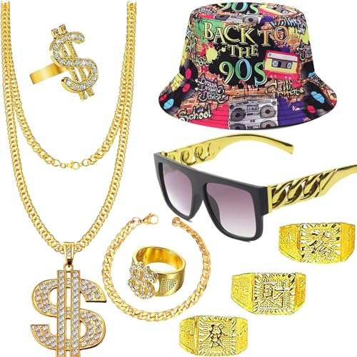 9 Stücke Zuhälter Kostüm Zubehör, Herren Hip Hop Kostüm, 80er 90er Outfit Herren, Gangster Gold Halskette Ring Brille Fasching Party