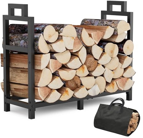 30 Inch Firewood Rack Outdoor Indoor with Handle and Log Carrier Bag, Stable Metal Wood Rack Heavy Duty Log Holder for Fireplace Patio Deck, Rustproof Firewood Storage Organizer Tool, Black, Square