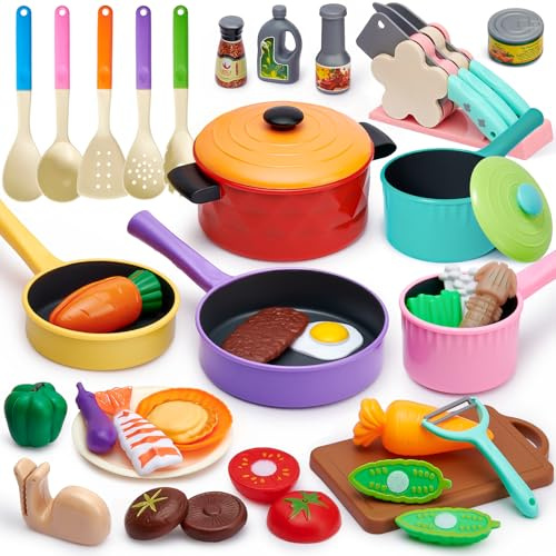 G.C Toy Kitchen Accessories for Kids, Pots and Pans Playset with Kids Knife Set & Food Toys, Play Kitchen Accessories Role Play Toys Gifts Boys Girls Age 3 4 5 6