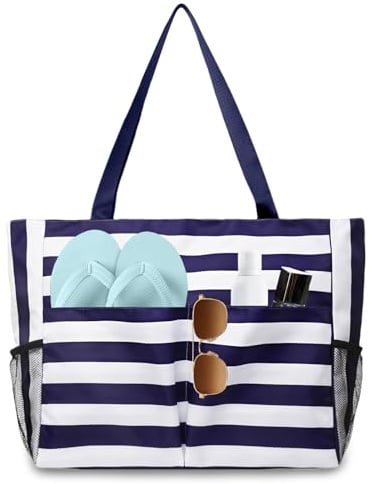 flintronic Große Strandtasche mit Reißverschluss, Streifen Wasserdicht Strandtasche, 43L Faltbare Leichte Badetasche Damen, Beach Tote Bag für Strand, Urlaub, Pool (Marineblau)