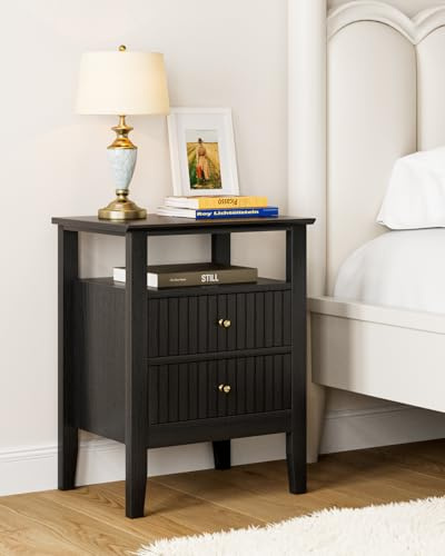 HEYZOEY Nachttisch, Retro Nachtschrank mit 2 Schubladen, Nachttisch, Boho Nachtkommode für Schlafzimmer, Wohnzimmer, Schwarz