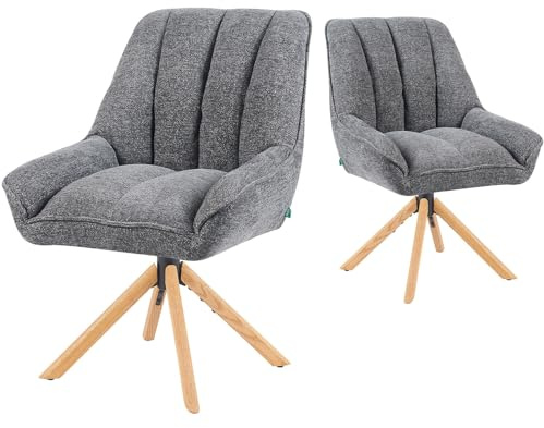 DUBI Möbel Esszimmerstühle 2er Set 360° drehbar mit Rückstellfunktion, Taschenfederkern, hoher Sitzkomfort, bis 150 kg belastbar, Stoff Grau, Eiche Massivholzgestell geölt (Natur), Mika-Leon