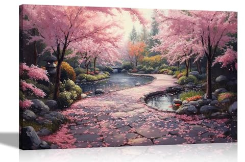 Artley Prints - Pink Blossom Trees Japanese Garden Footpath Canvas Prints Modern Wall Art for Home Conservatory Pictures Décor Extra Large 101 x 76cm (40 x 30 inches)