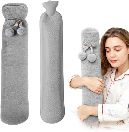 Bolsa de agua caliente larga 1,1 L 55 cm con funda de pelo de conejo de imitación gris, bolsa de agua caliente para calor a mano, vientre (dolor de reglas), espalda, hombros, calentamiento del
