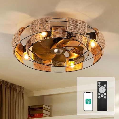 Retro Deckenventilator Mit Beleuchtung und Fernbedienung Leise Schlafzimmer Ventilator Deckenlampe Vintage Hanfschnur käfig Lüfter Licht E27 Fan Deckenleuchte für Wohnzimmer Schlafzimmer Farmhouse