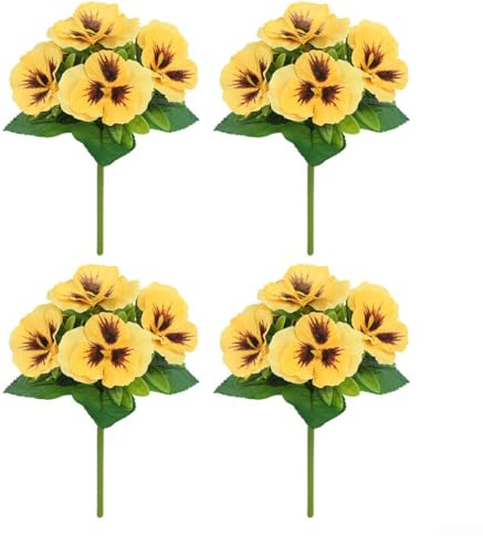 4PCS Vibrant Artificial Pansy Flowers Lifelike Silk Decor For Any Occasion Realistic Silk Cloth Flowers Set Of 4 For Vase Centerpiece Floral Arrangements Home Office Event Decor(yellow)