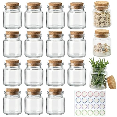 Lot de 18 mini flacons en verre (50 ml) avec bouchon liège – Petites bouteilles vides, pots à épices, flacons à souhaits – Pour cadeaux de mariage, épices cuisine – Inclut 20 étiquettes autocollantes