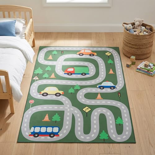 TAPISO Snooki Kinderteppich Straßenteppich Spielteppich Auto für Kinderzimmer Jungen Autoteppich Grün Kinder Teppich rutschfest Pflegeleicht Spiel Kurzflor weich Oeko-TEX 180 x 250 cm