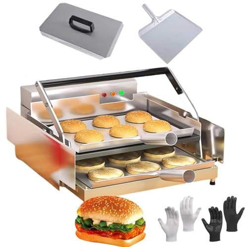 Tostapane Elettrico Commerciale per Panini Hamburger, Tostiera Hamburger a Doppio Strato in Acciaio Inox 800W con Timer 0-3 Min & Temperatura Regolabile 50-300°C - per Caffè, Ristorante, Panetteria