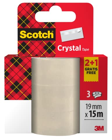 Scotch 6-1915P3 - Nastro adesivo, 3 rotoli, trasparenti Crystal, 19 mm x 15 m, 3 Pezzi