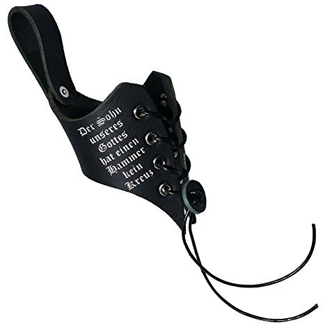 Wolfszeit Trinkhornhalter Flatter aus echtem, schwarzen Leder - Sohn unseres Gottes - graviert und bemalt (M = 0.4-0.6L)