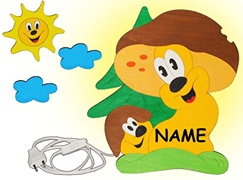 alles-meine.de GmbH Wandlampe Holz - Pilz Sonne incl. Name - Lampe mit Schalter für Kinder - Kinderzimmer Kinderlampe Wandleuchte mit Stecker/Nachtlicht/Schlummerlicht Waldti..