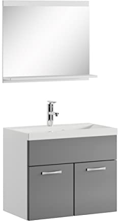 Badezimmer Badmöbel Set Montreal 02 60cm Waschbecken Hochglanz Grau Fronten - Unterschrank Waschtisch Spiegel Möbel