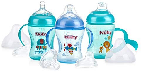 Nuby 3 Piece Natural Touch 3 Stage Wide Neck Breast Size Bottle-to-Cup, Boy (Pack of 1)