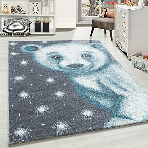 Carpetsale24 Kinderteppich Modern Bären Design Blau und Grau 160 cm Rund - Kurzflor Teppich Kinderzimmer Waschbarer Spielteppich Babyteppich für Junge und Mädchen Extra Weich und Antiallergen Runder
